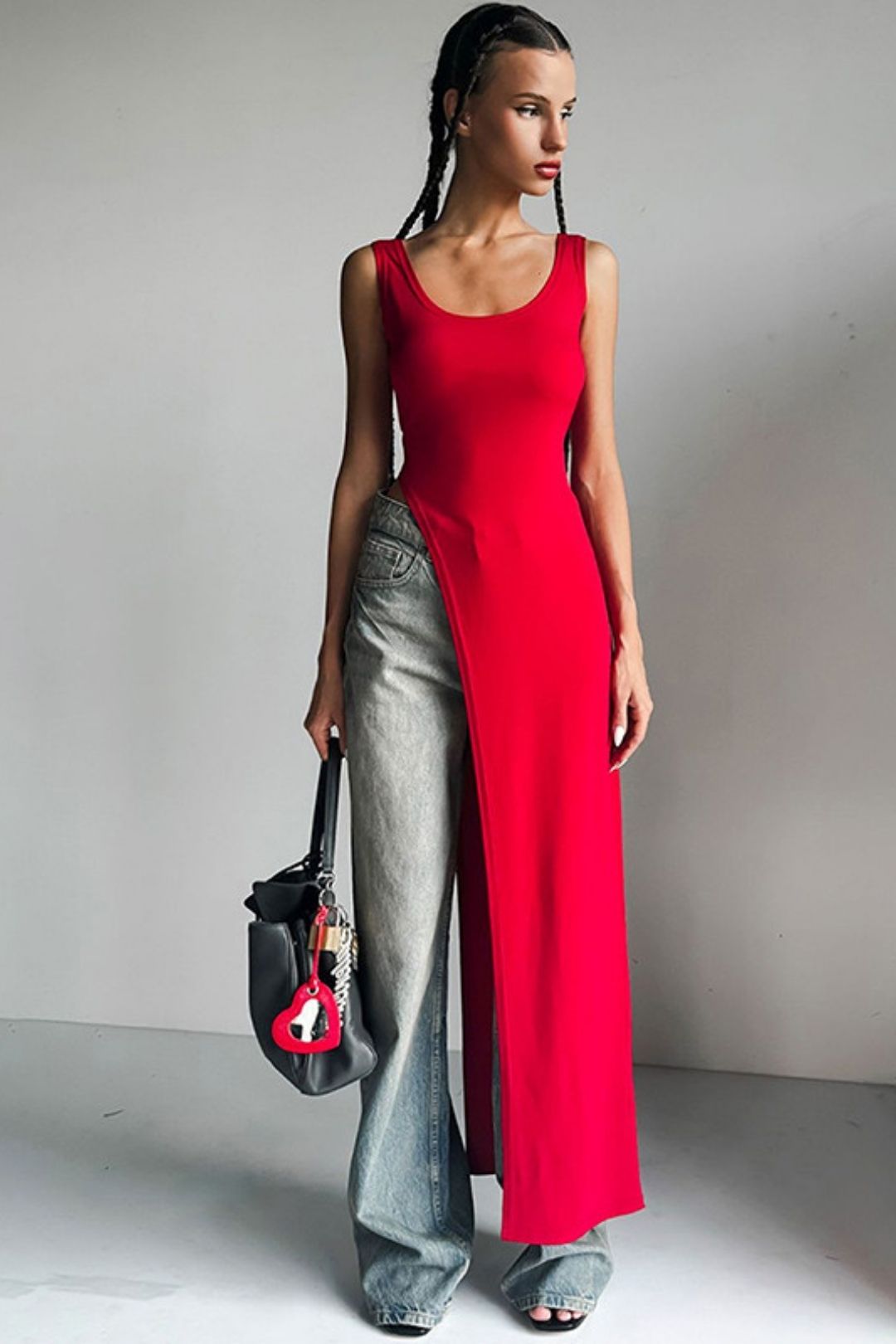 Irregular Long U-neck High Slit Solid Color T-shirt Vest