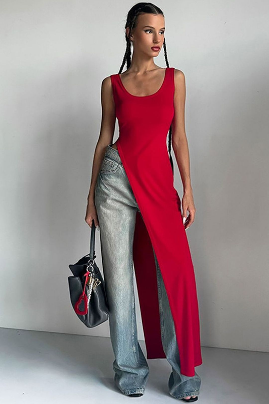 Irregular Long U-neck High Slit Solid Color T-shirt Vest