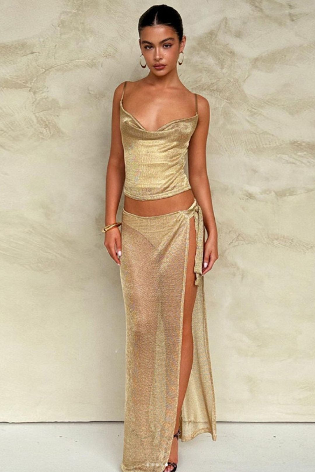 V-neck Backless Camisole Sexy See-through Slit Strap Skirt Suit