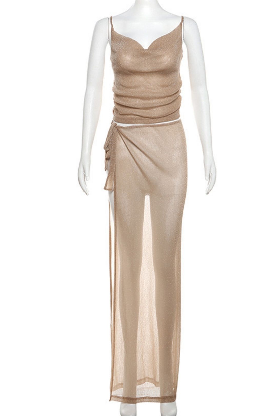 V-neck Backless Camisole Sexy See-through Slit Strap Skirt Suit