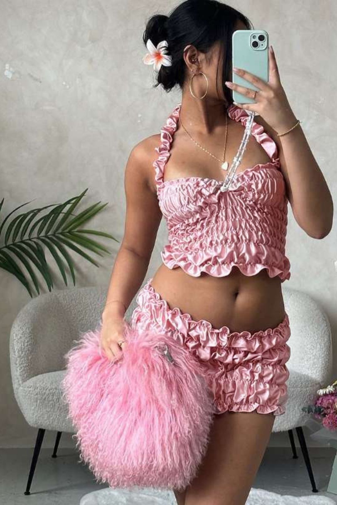 Personalized Pleated Halterneck Camisole Sexy Slim Fit Hip-hugging Short Skirt Suit