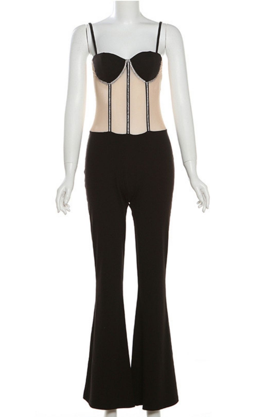 Sexy High-waisted Slim-fit Hot Diamond Mesh Suspenders And Micro-flared Jumpsuit