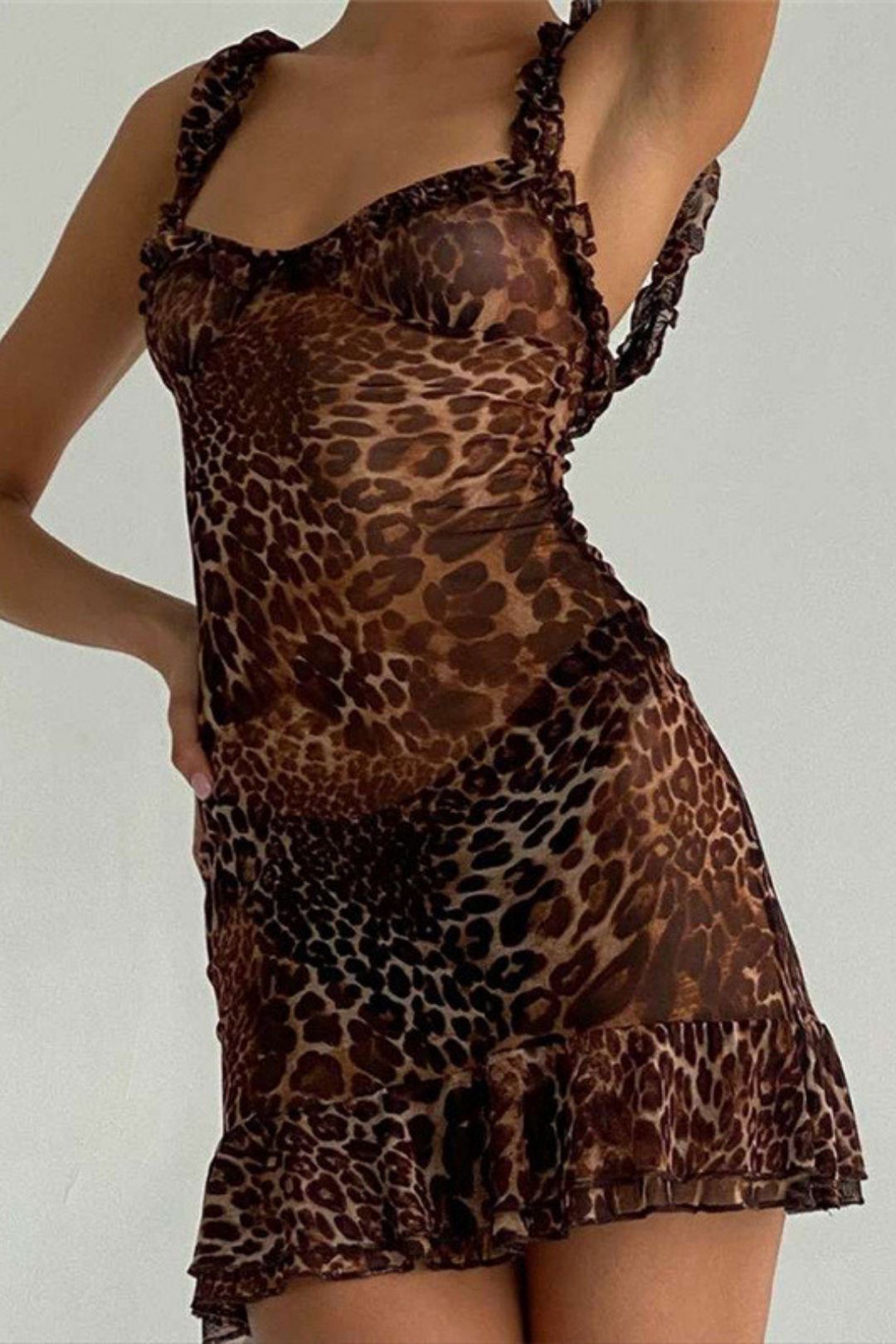 Personalized Leopard Print V-neck Sexy Backless Mesh Suspender Dress