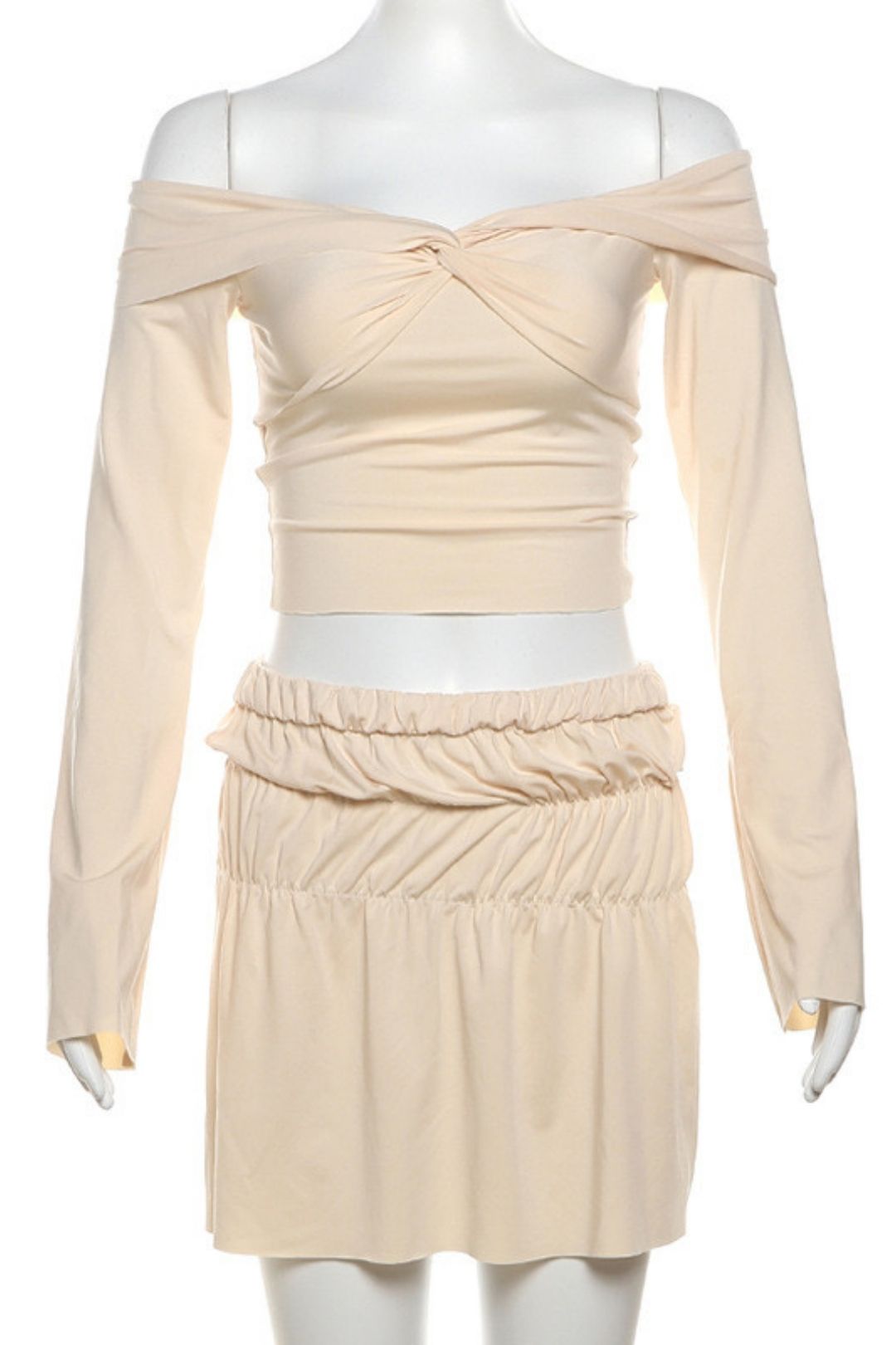 Sexy One-shoulder Long-sleeved T-shirt High-waist Slim Solid Color Short Skirt Two-piece Set