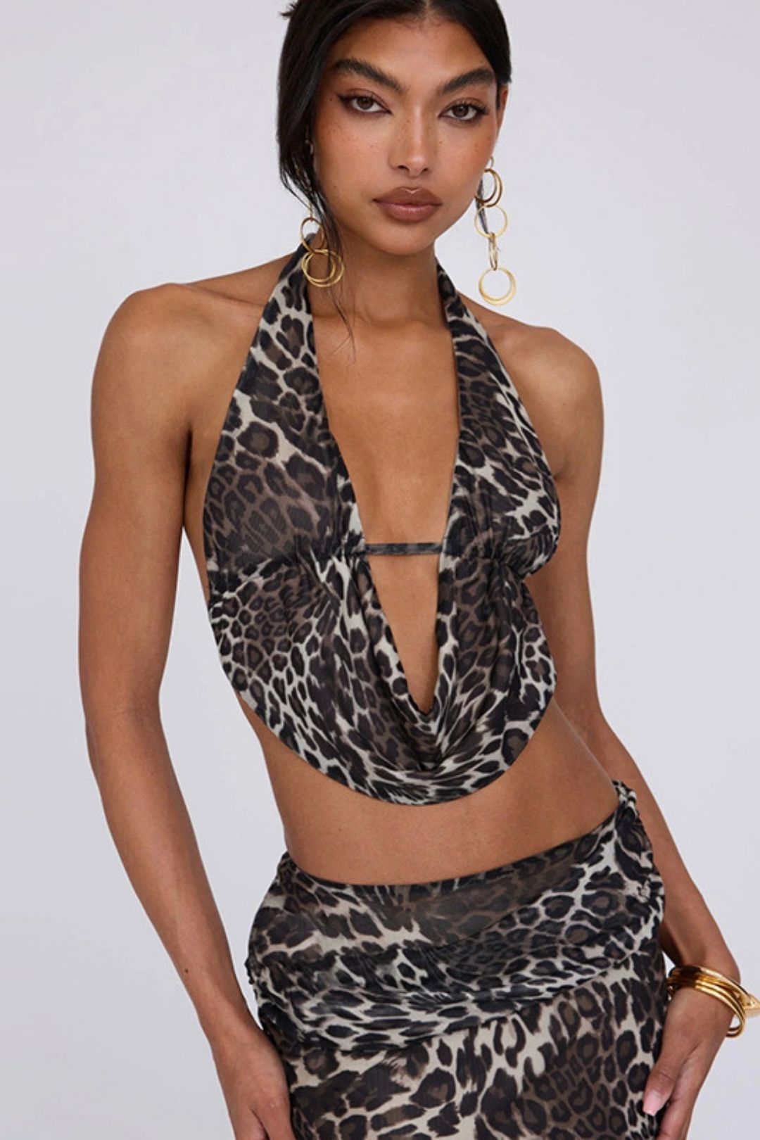 Sexy Lace-up Halter Neck Halter Strap Leopard Print Skirt Suit