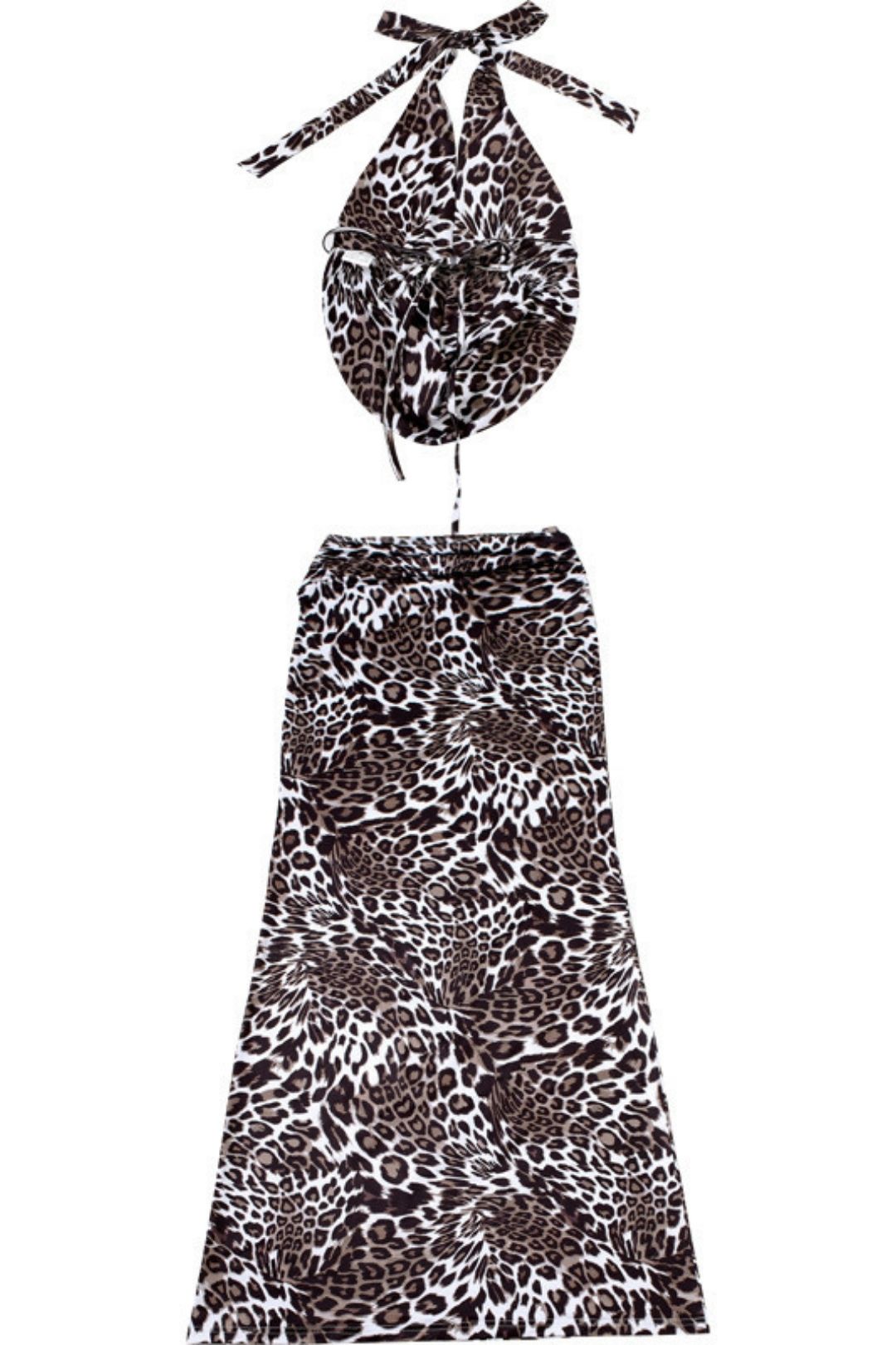 Sexy Lace-up Halter Neck Halter Strap Leopard Print Skirt Suit