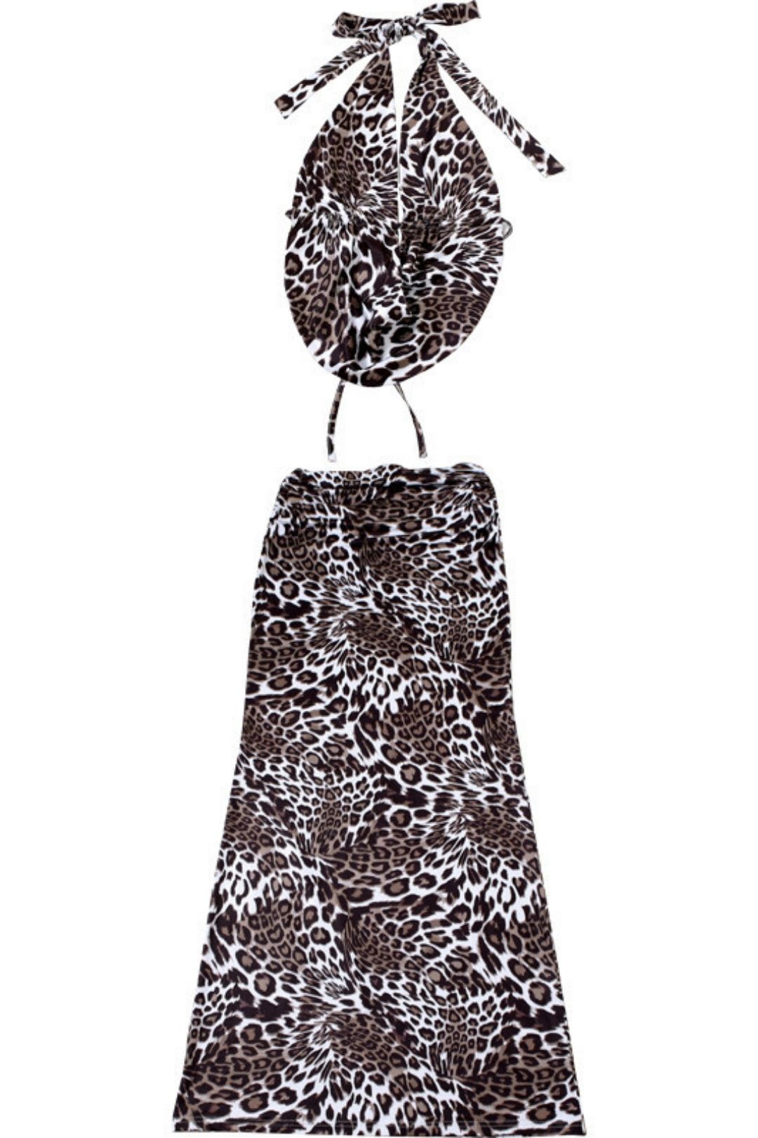 Sexy Lace-up Halter Neck Halter Strap Leopard Print Skirt Suit