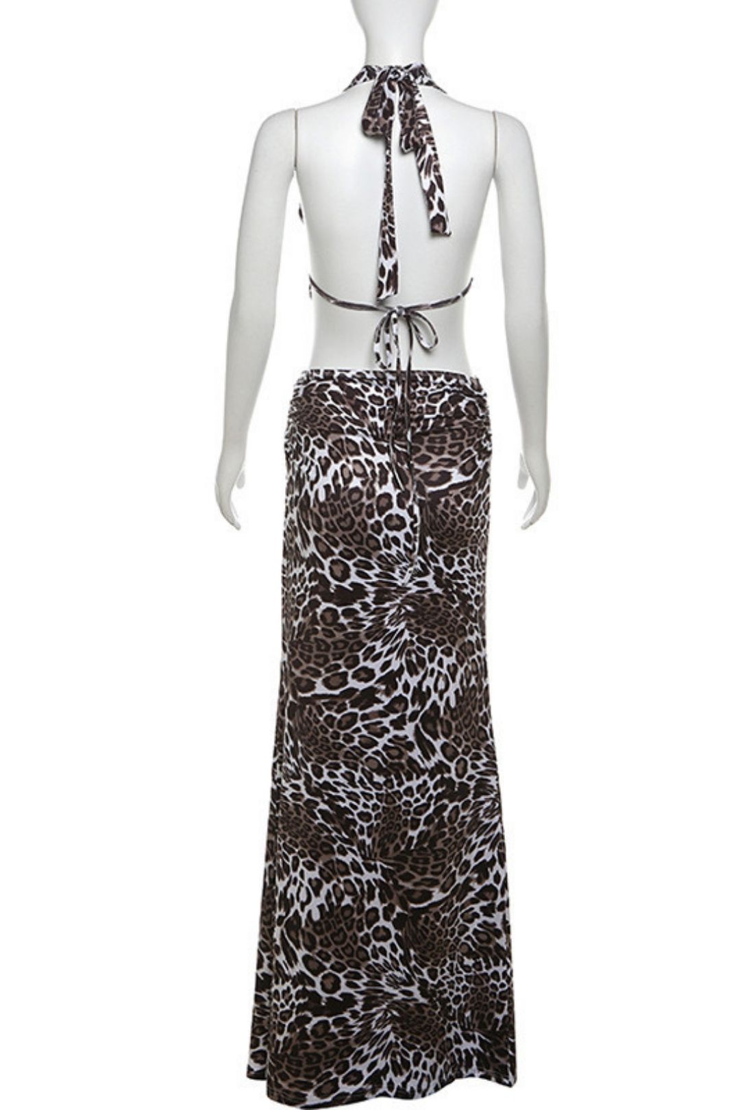 Sexy Lace-up Halter Neck Halter Strap Leopard Print Skirt Suit