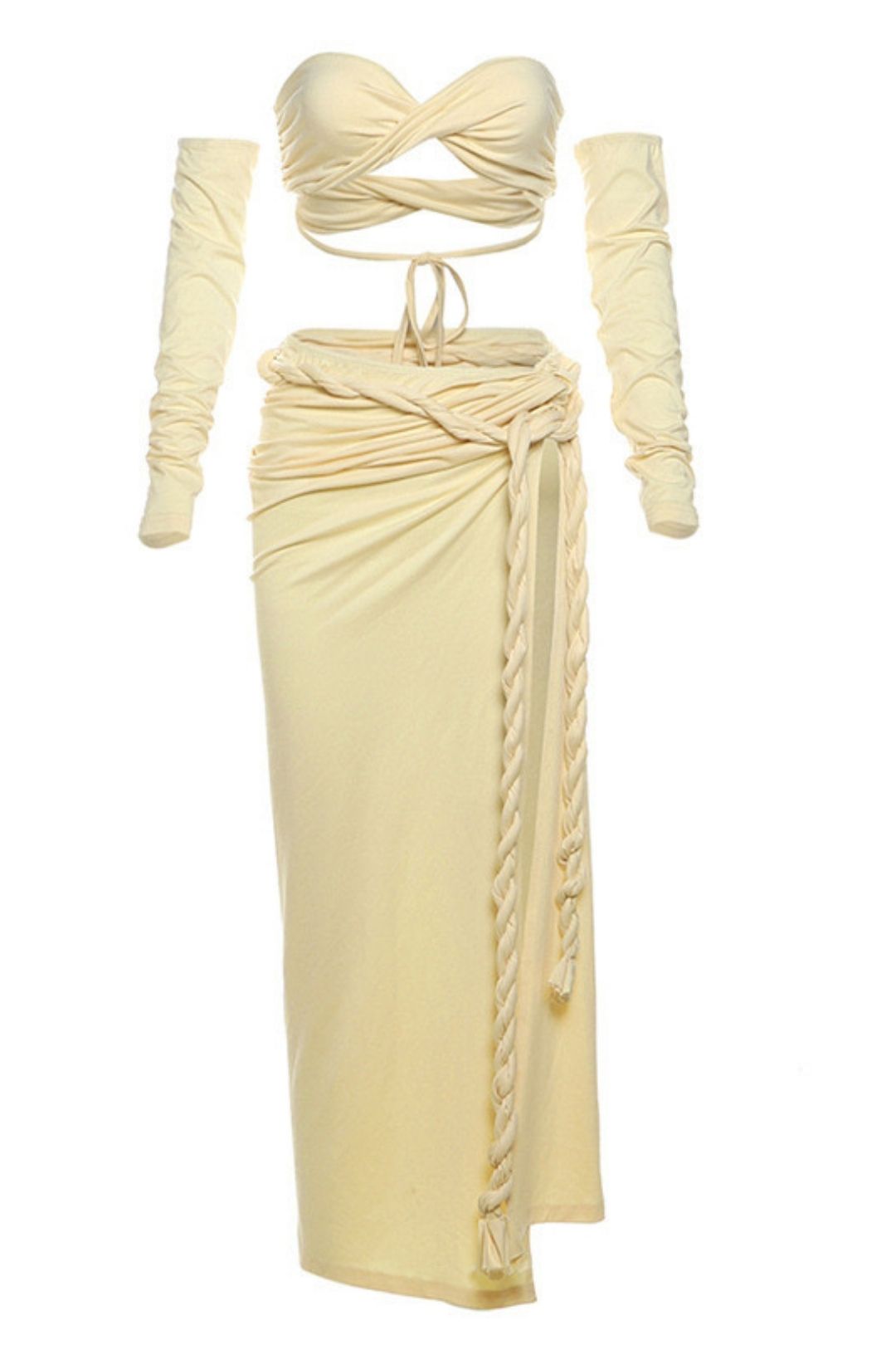 Sexy Strappy Tube Top Solid Color Sleeves High Slit Skirt Three-piece Set