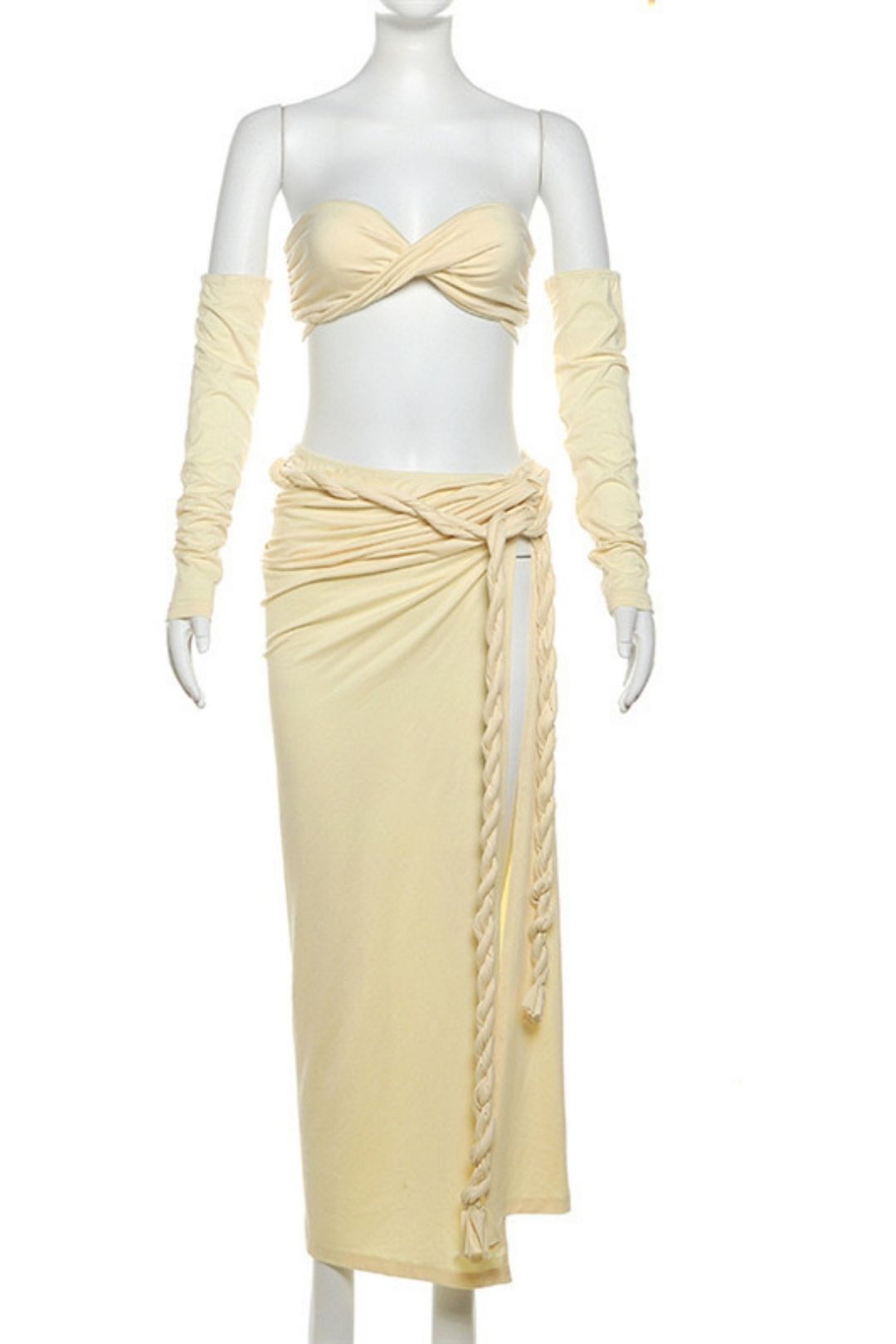 Sexy Strappy Tube Top Solid Color Sleeves High Slit Skirt Three-piece Set