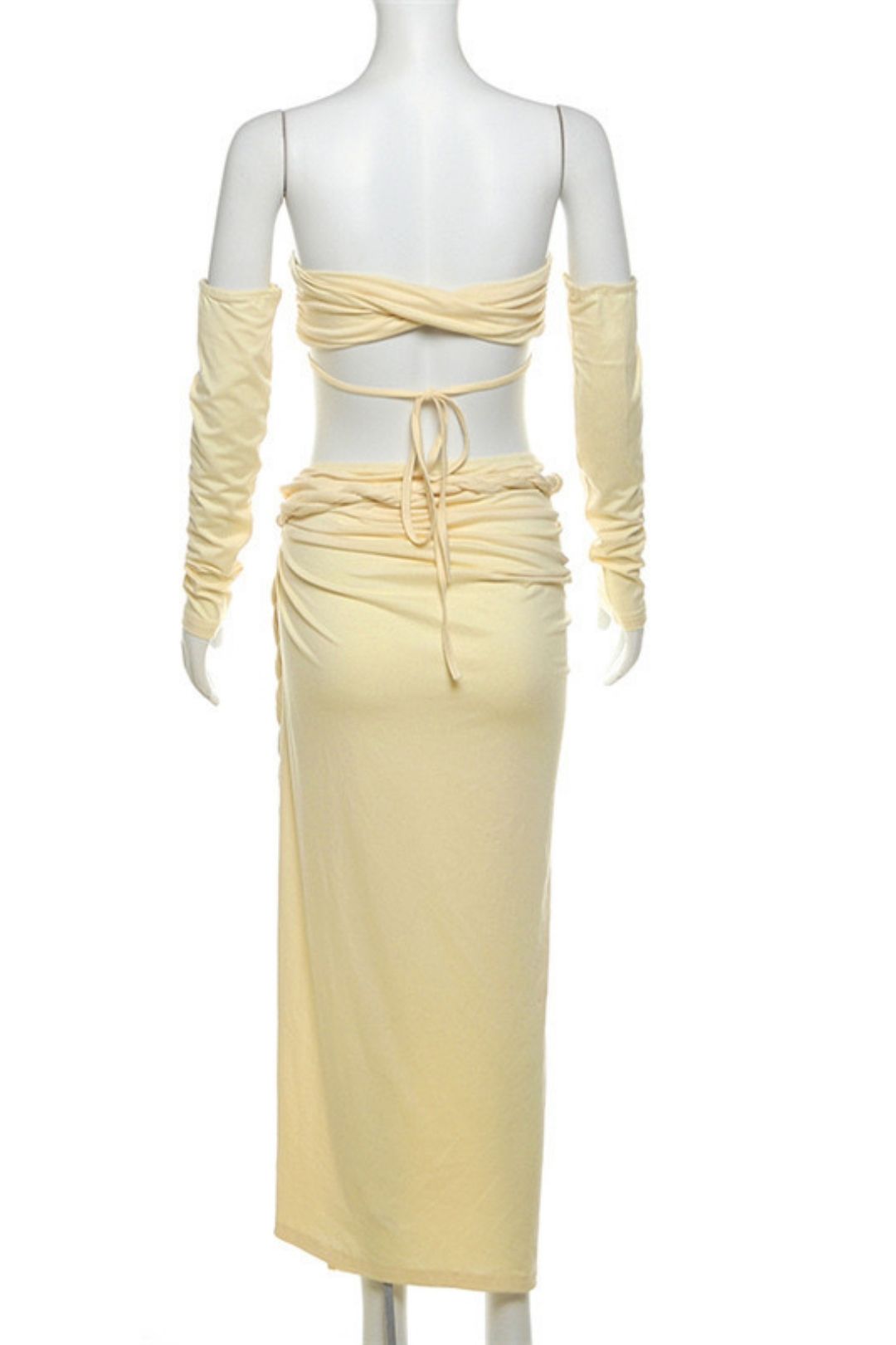 Sexy Strappy Tube Top Solid Color Sleeves High Slit Skirt Three-piece Set