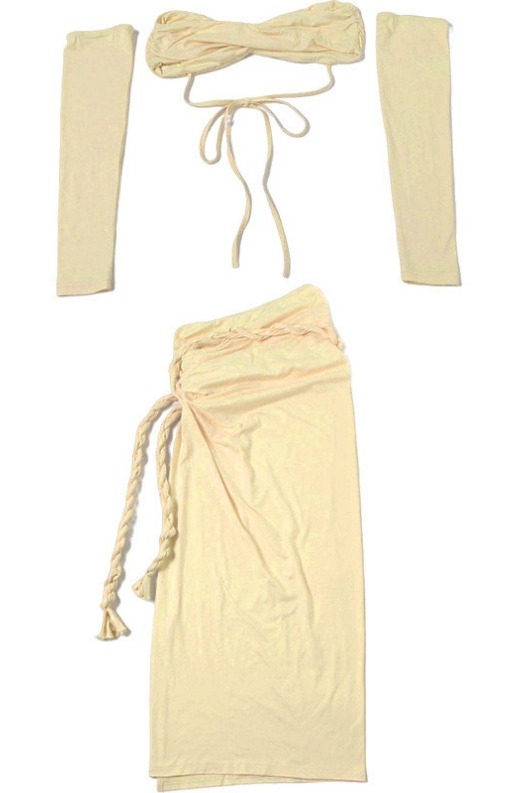 Sexy Strappy Tube Top Solid Color Sleeves High Slit Skirt Three-piece Set