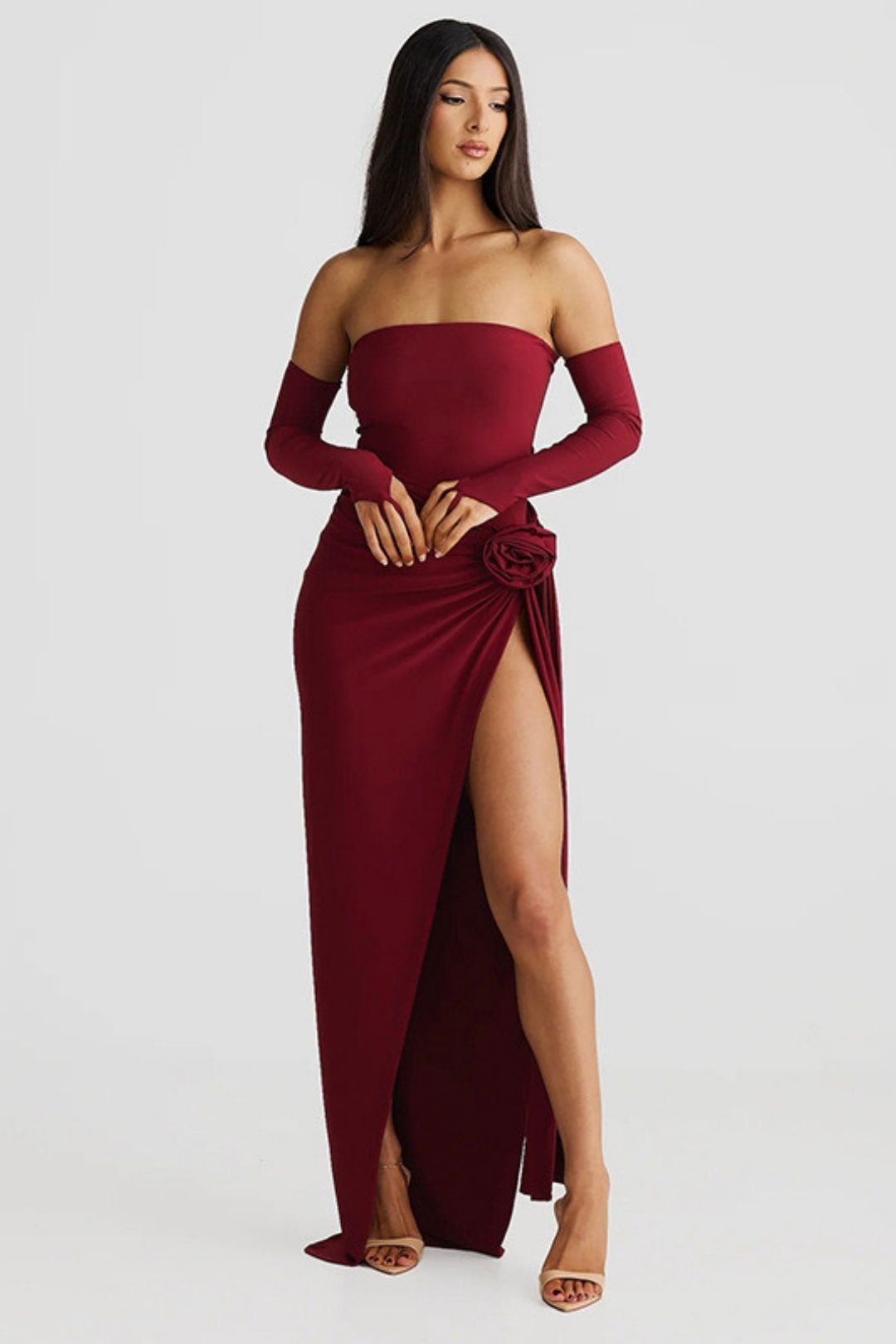 Solid Color Sleeves Tube Top Jumpsuit Sexy Slit Skirt Suit