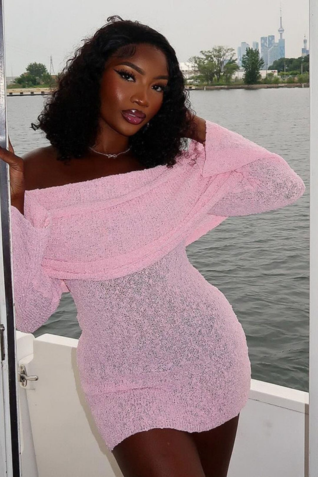 One-shoulder Solid Color Backless Long-sleeved Knitted Dress