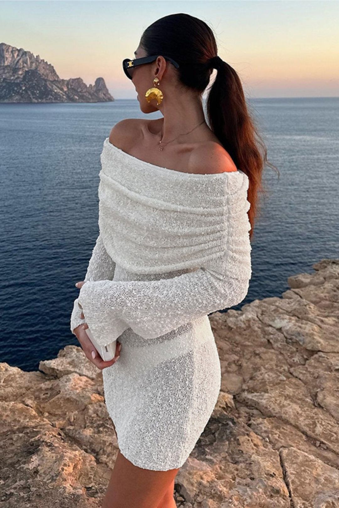 One-shoulder Solid Color Backless Long-sleeved Knitted Dress