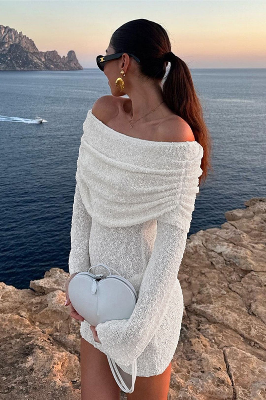 One-shoulder Solid Color Backless Long-sleeved Knitted Dress
