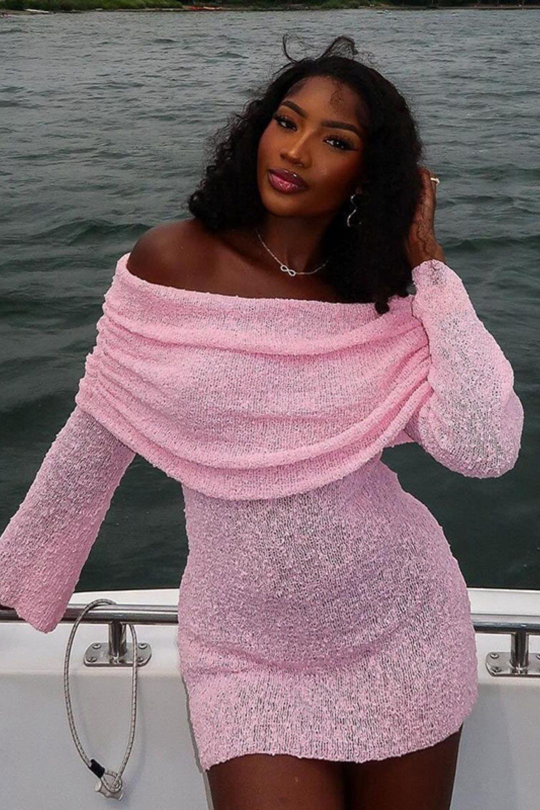 One-shoulder Solid Color Backless Long-sleeved Knitted Dress