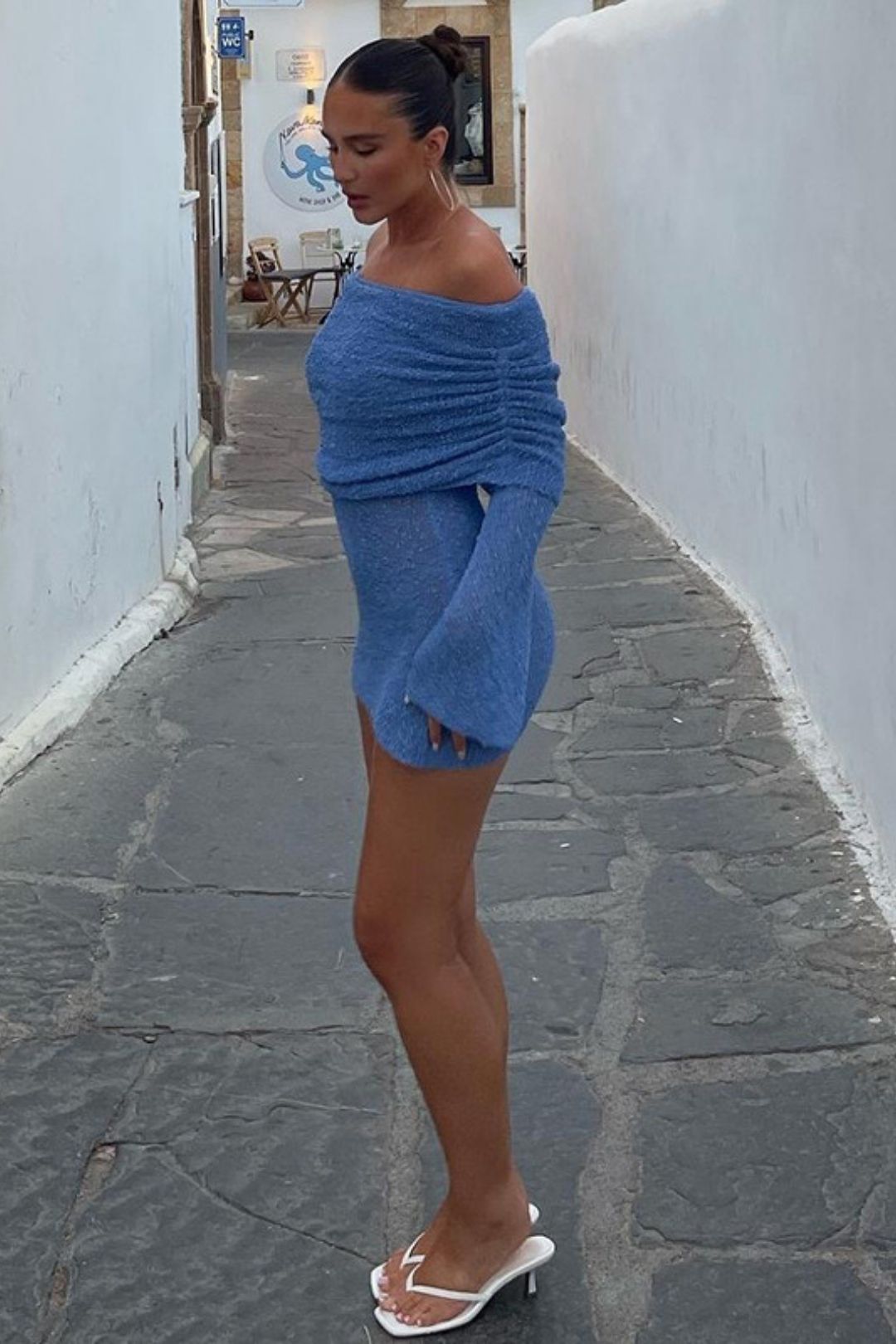 One-shoulder Solid Color Backless Long-sleeved Knitted Dress