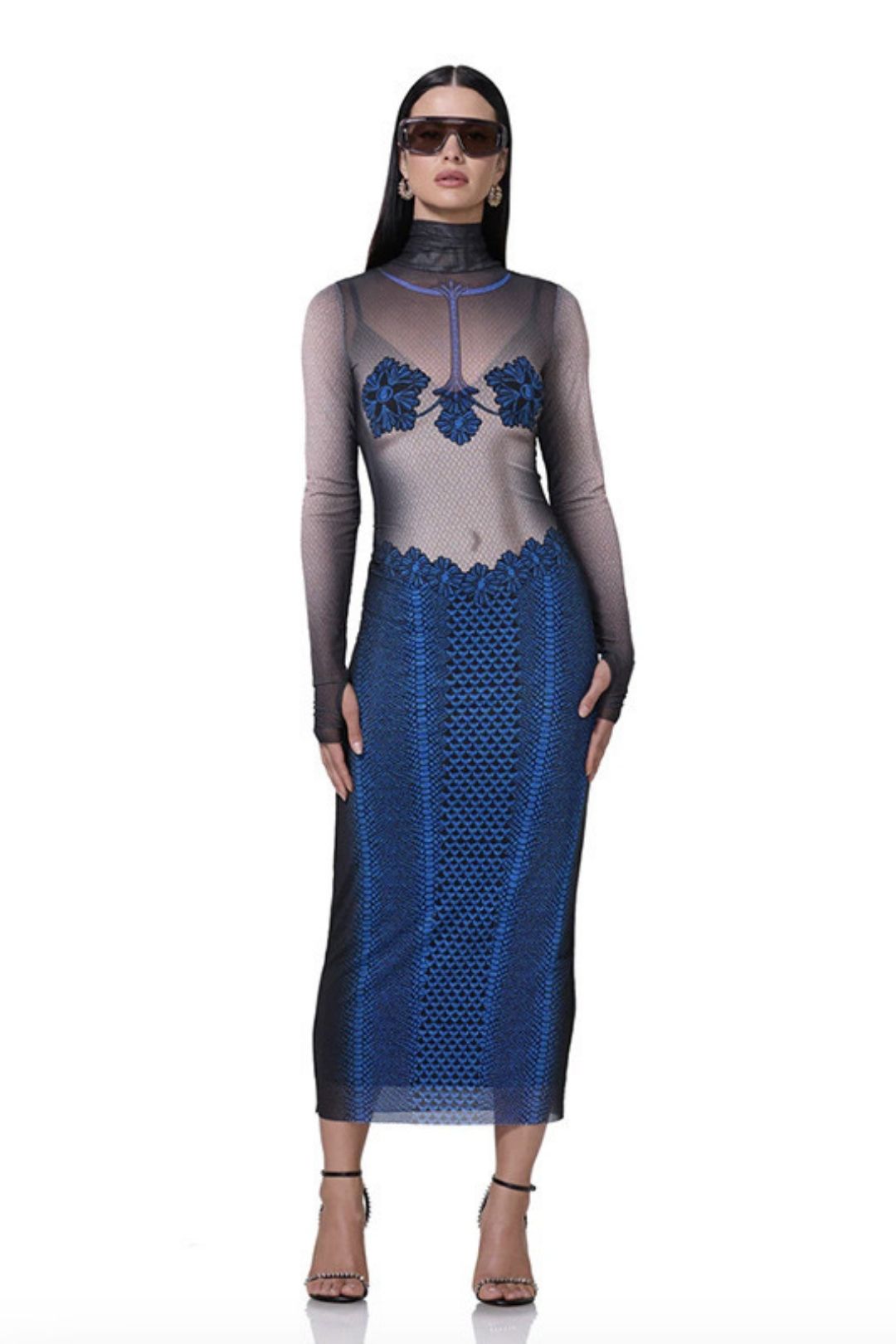 Personalized Mesh High-neck Long Skirt Slim Hip-covering Long-sleeved Printed Dress