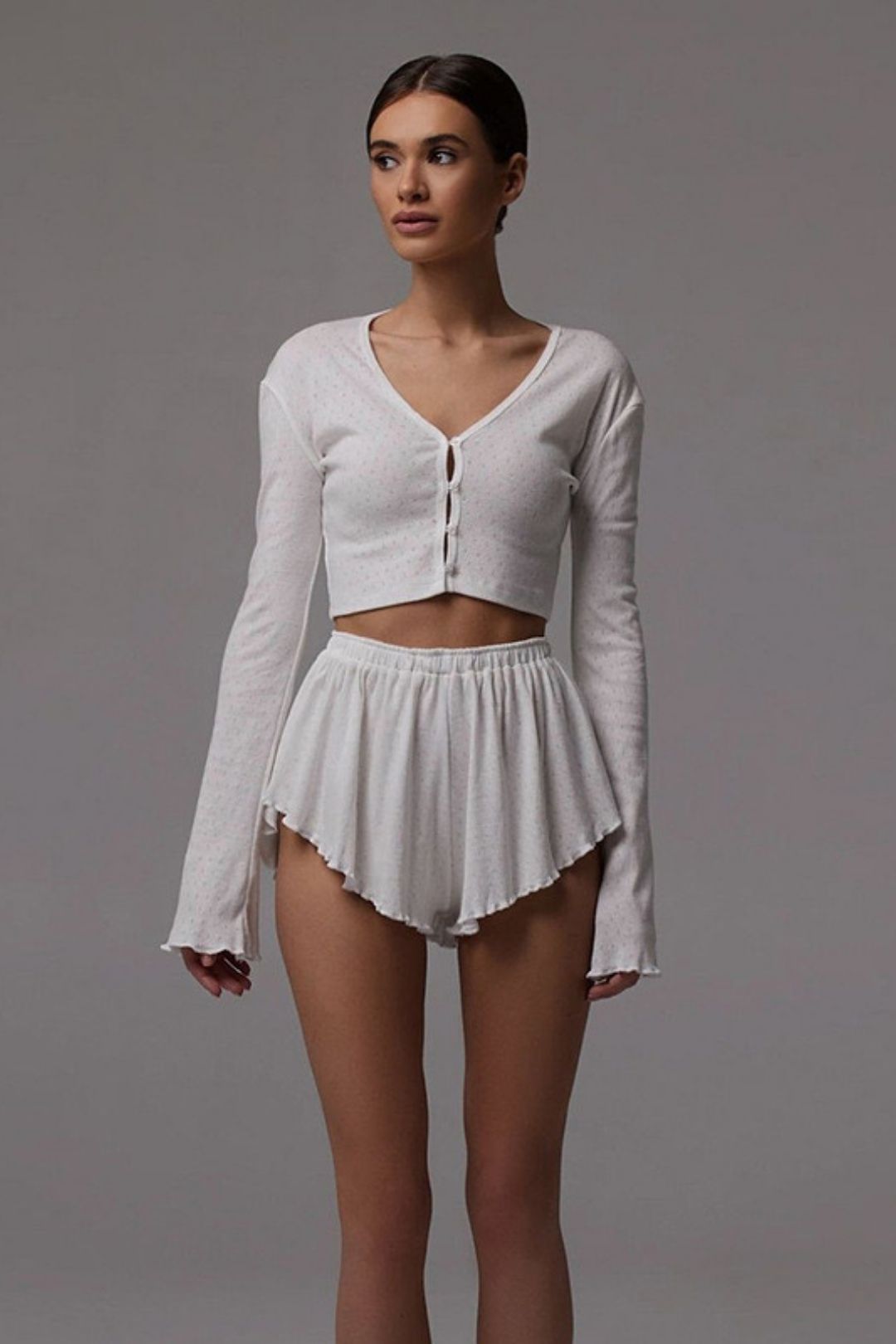 Personalized Solid Color Fungus Long-sleeved Cardigan Small Jacket Casual Shorts Suit