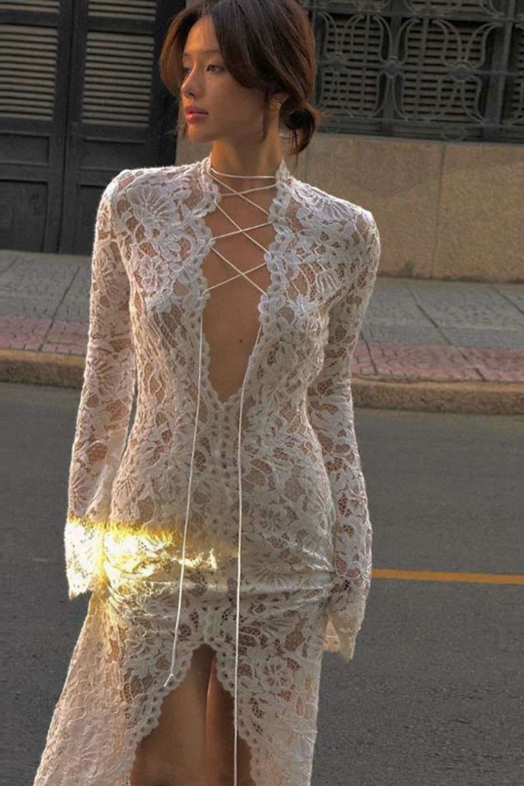 New Sexy Lace Hollow Deep V-neck Strappy Slim Long-sleeved Dress