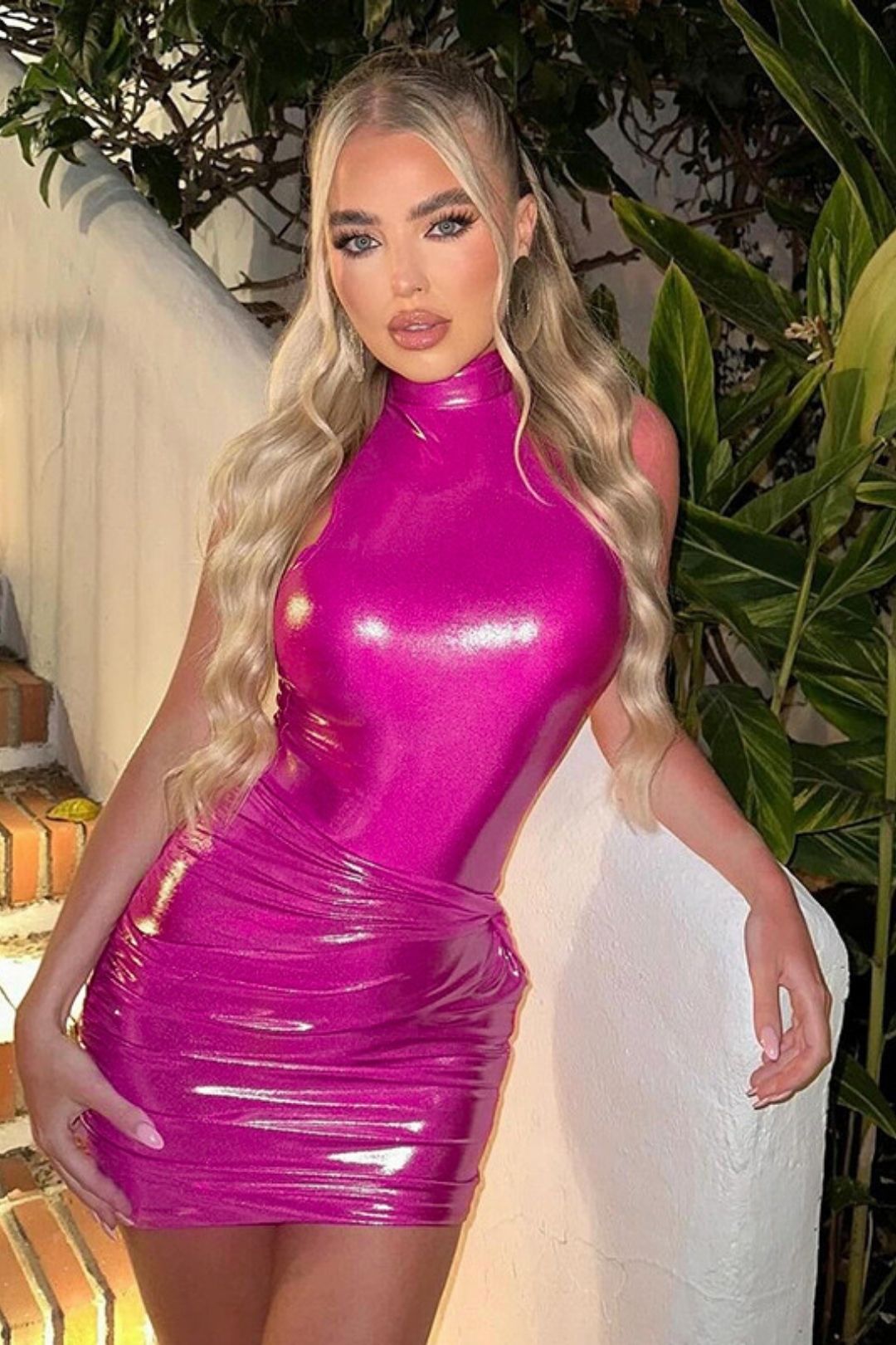 Sexy Sleeveless Hip-hugging Dress Imitation Leather PU High Elastic Stand-up Collar Skirt