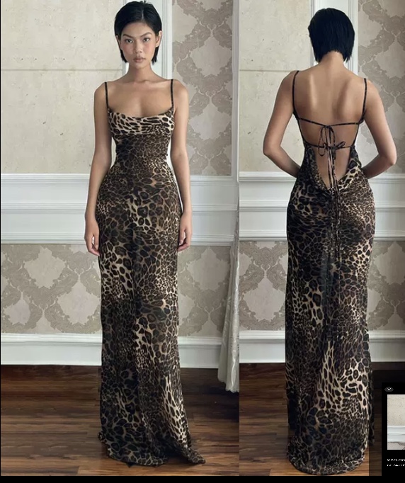 Sexy Backless Leopard Print Dress European And American Summer New Temperament Dress Long Skirt