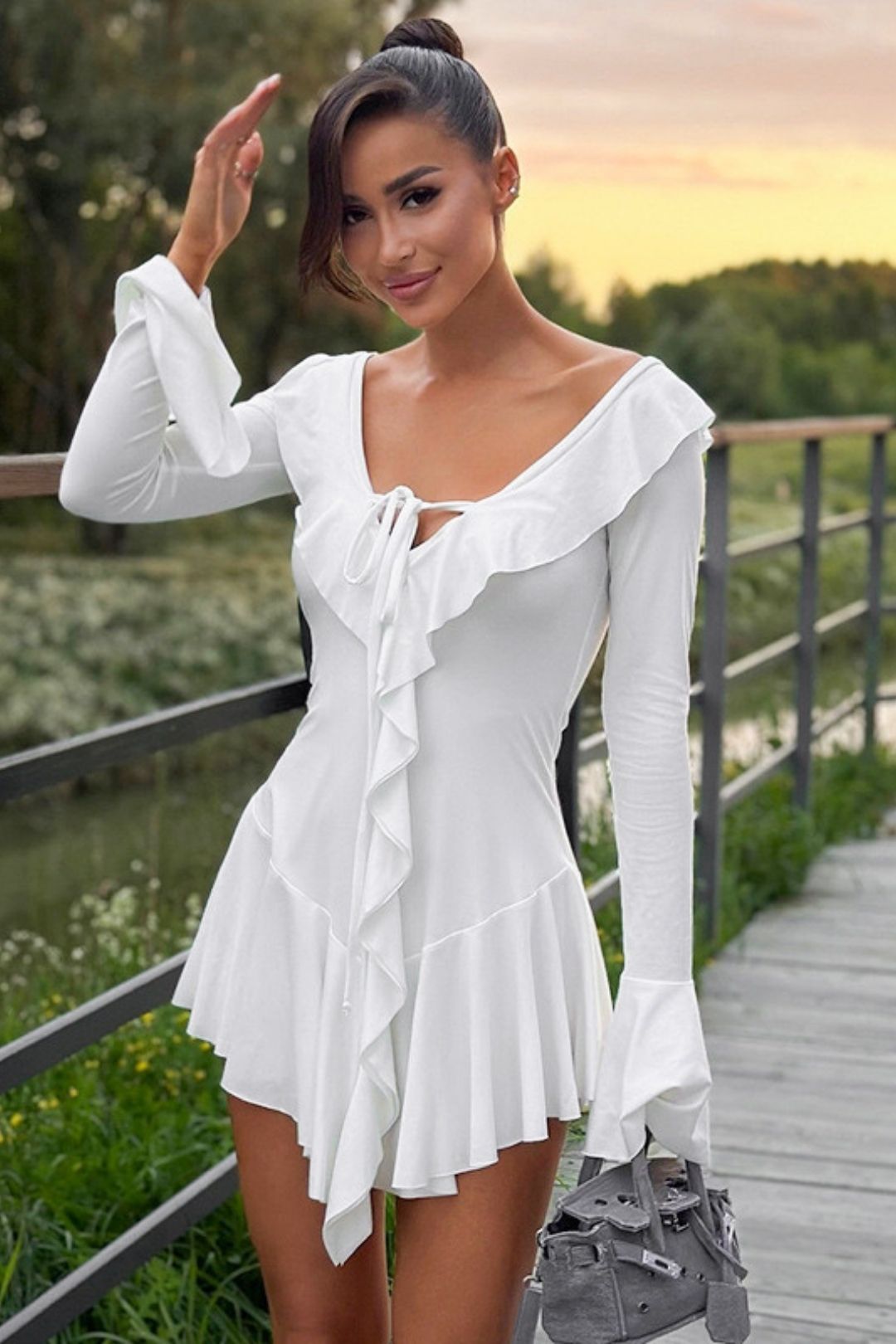 Sexy Slim Ruffled Long-sleeved Strappy Dress