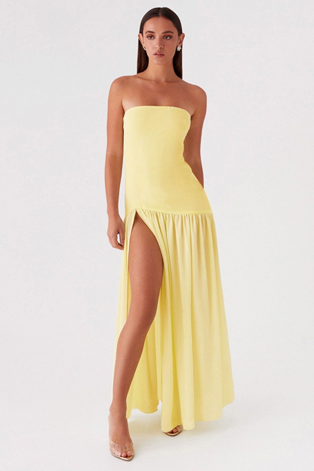 Trend Retro Tube Top Sleeveless Slit Solid Color Dress