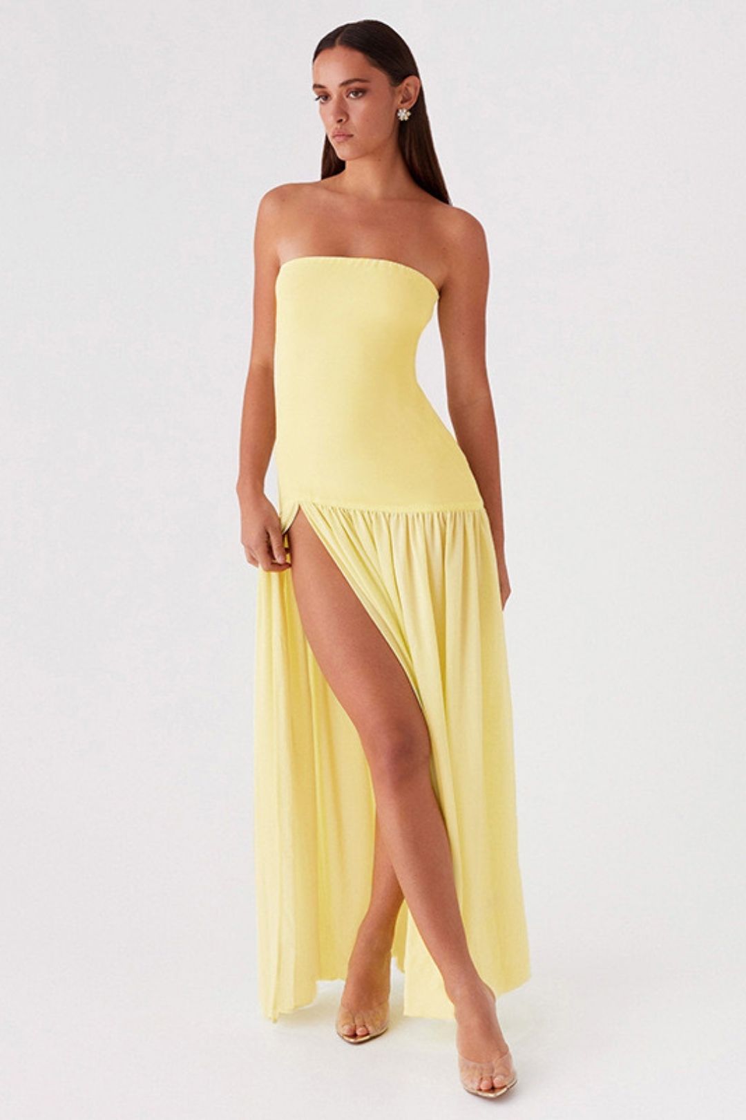 Trend Retro Tube Top Sleeveless Slit Solid Color Dress