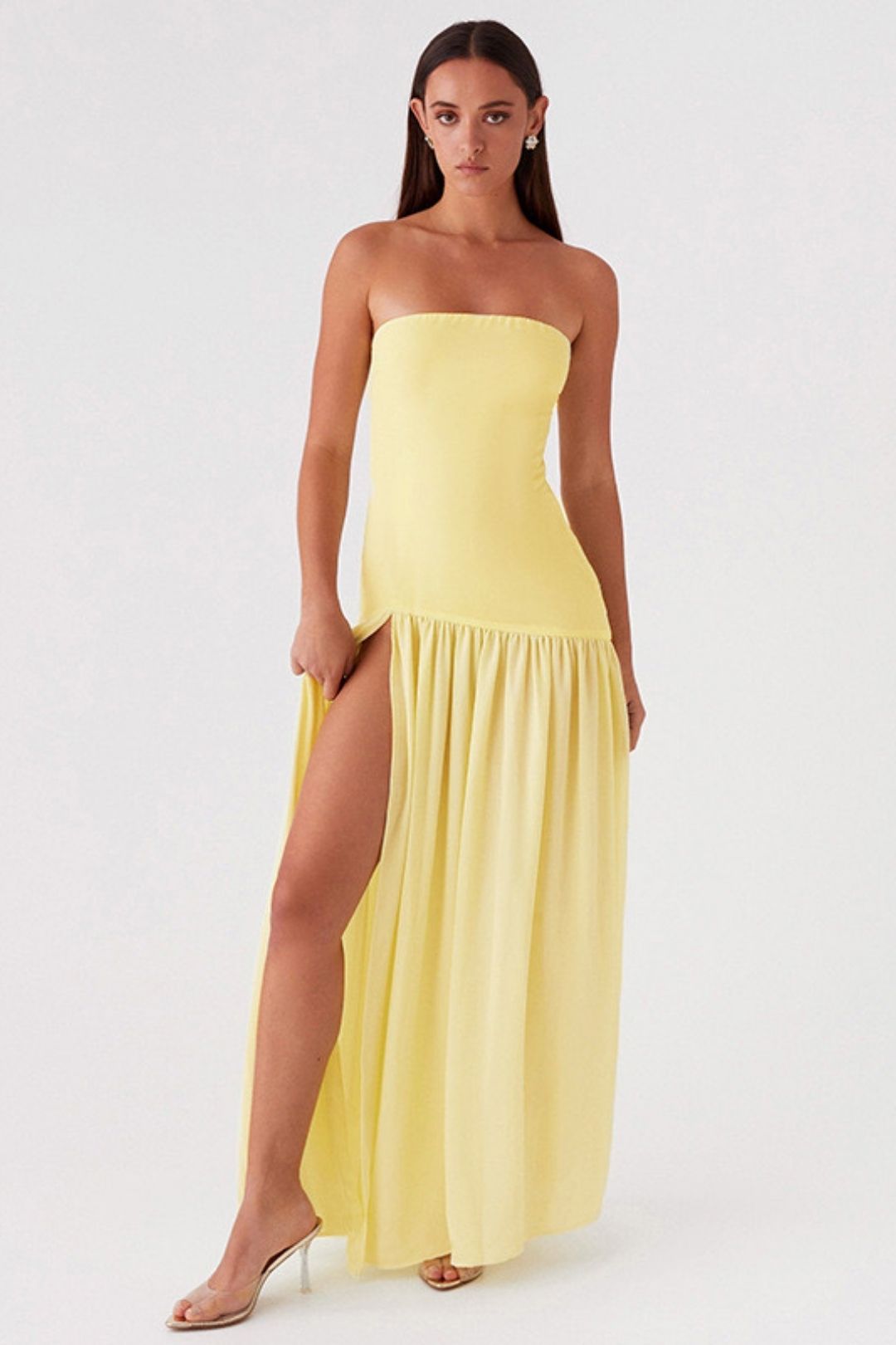 Trend Retro Tube Top Sleeveless Slit Solid Color Dress