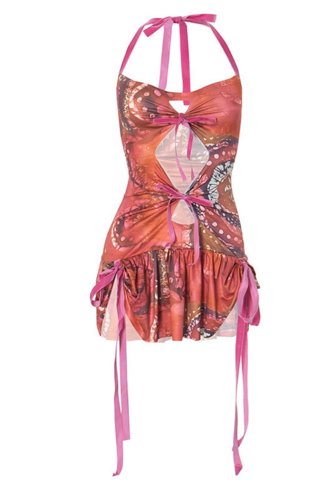 Fashionable Printed Dress Sexy Halterneck Lace-up Backpack Hip Skirt