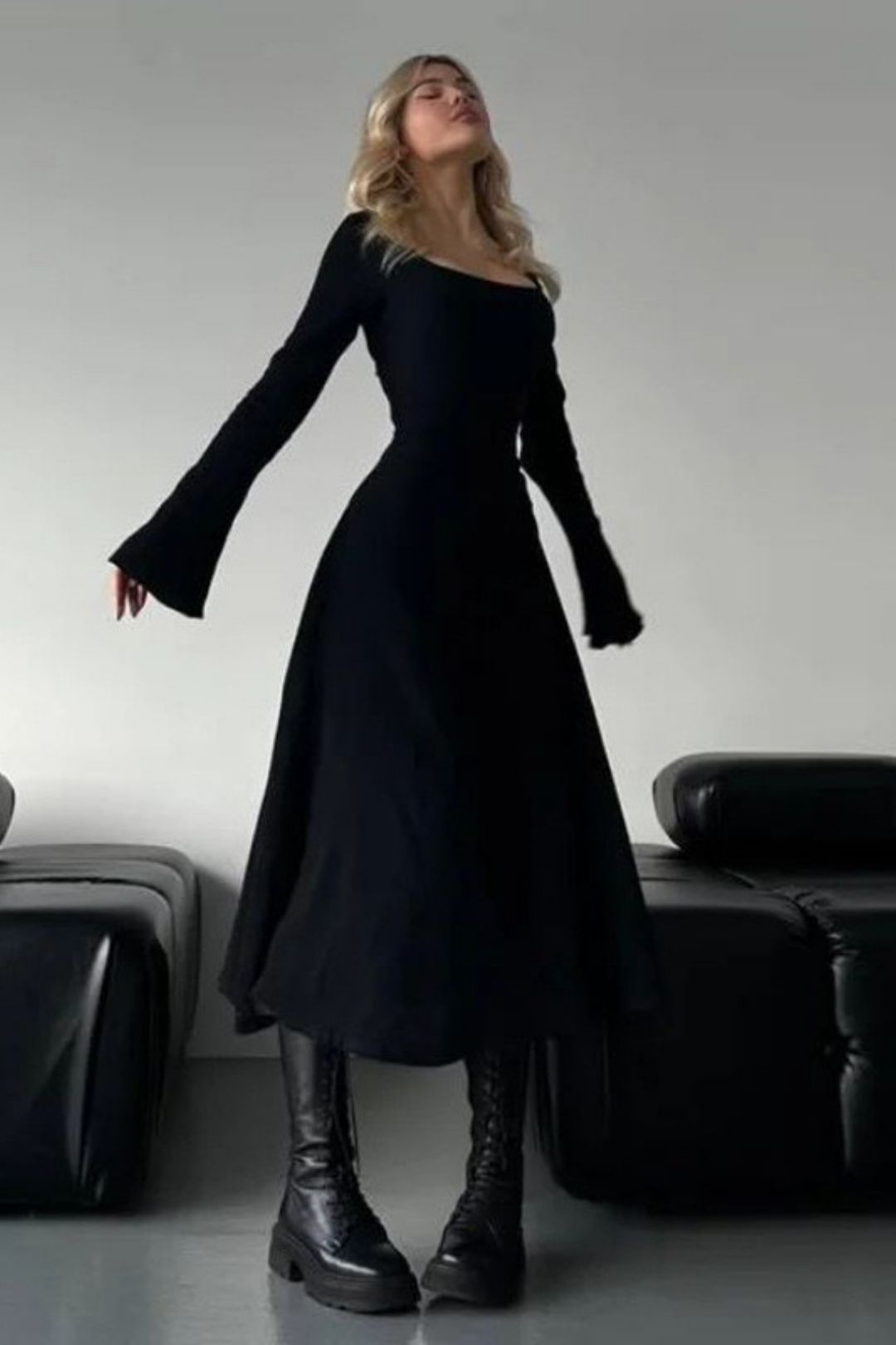 Style Elegant Slim Long Sleeve Square Neck Strap A-Pend Long Skirt