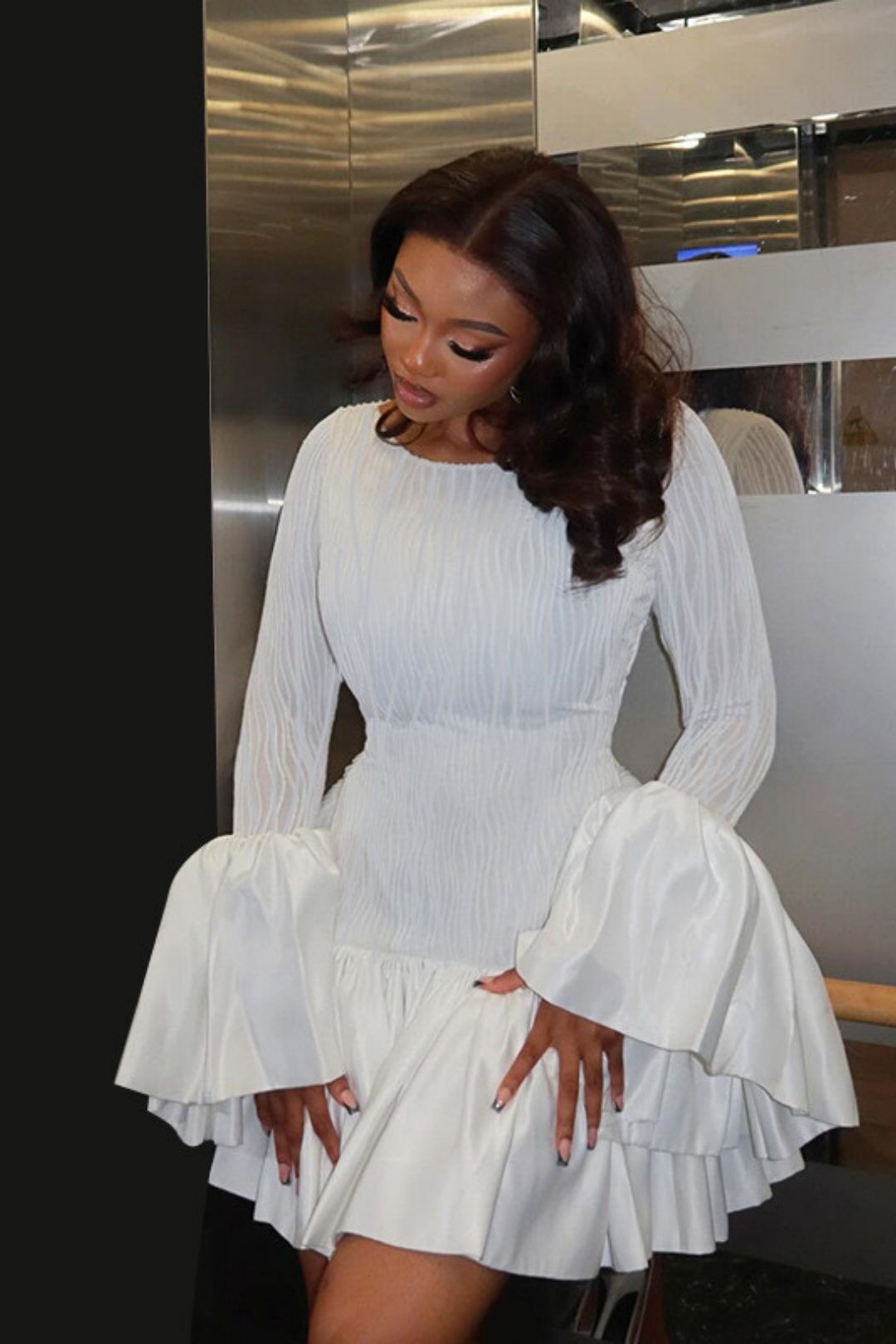 Lady Style Slim Texture Long-sleeved Ruffled Mini Dress For Women