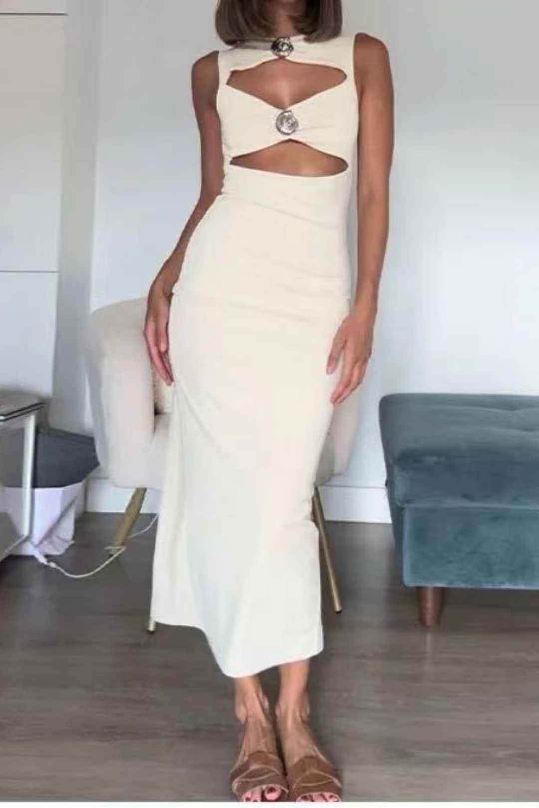 Printed Round Neck Shell Decorated Sleeveless Slim Dress