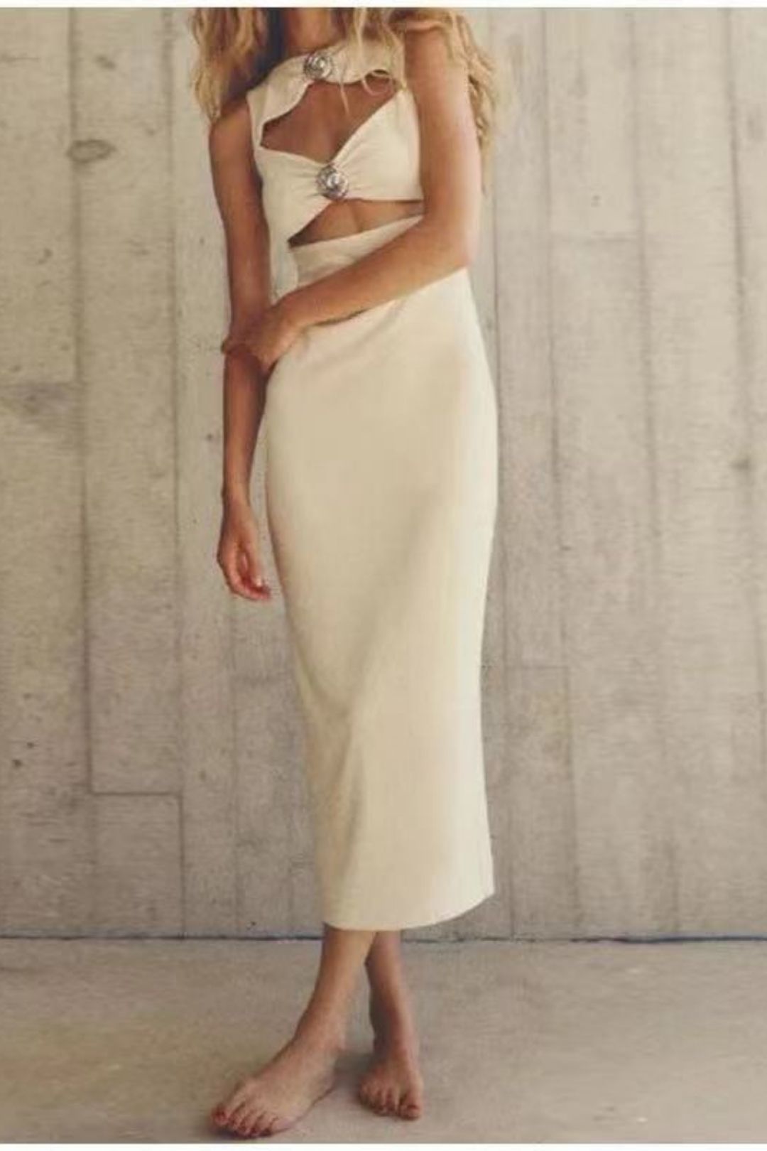 Printed Round Neck Shell Decorated Sleeveless Slim Dress