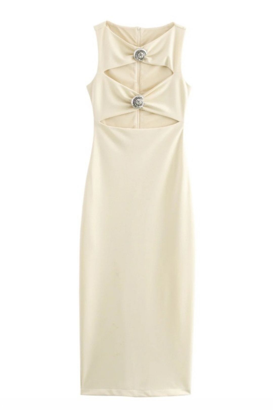 Printed Round Neck Shell Decorated Sleeveless Slim Dress