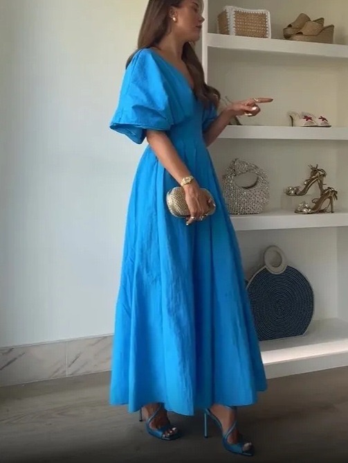 Hot-selling V-neck Waisted Bat-sleeve Dress