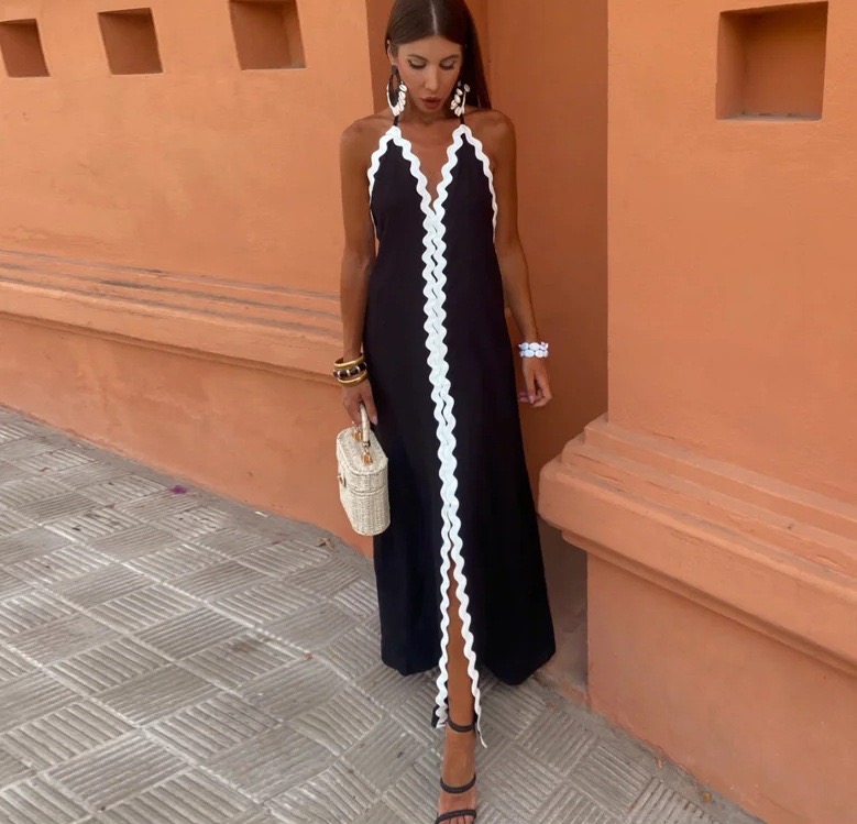 Hot Style Backless Sexy Contrasting Suspender Halter Neck Long Dress