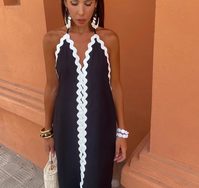 Hot Style Backless Sexy Contrasting Suspender Halter Neck Long Dress