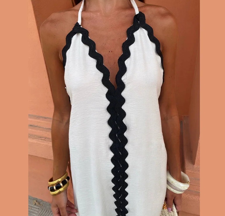 Hot Style Backless Sexy Contrasting Suspender Halter Neck Long Dress