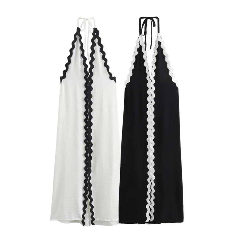 Hot Style Backless Sexy Contrasting Suspender Halter Neck Long Dress