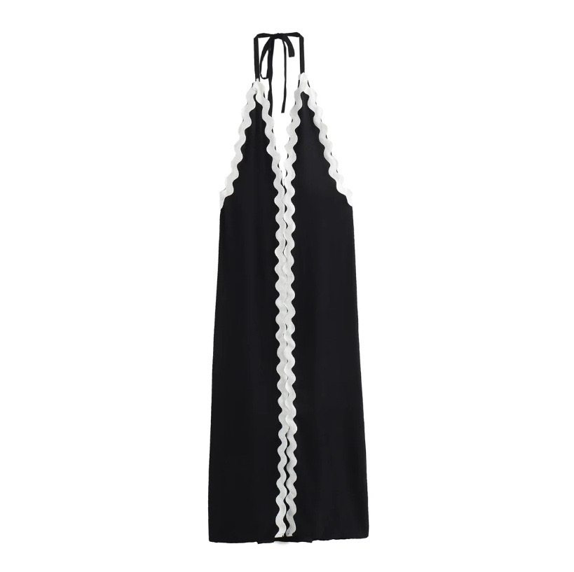 Hot Style Backless Sexy Contrasting Suspender Halter Neck Long Dress
