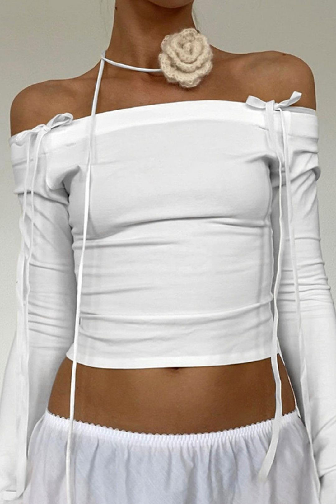 Solid Color One-line Collar Suspender Long-sleeved Lace-up Backless Top T-shirt