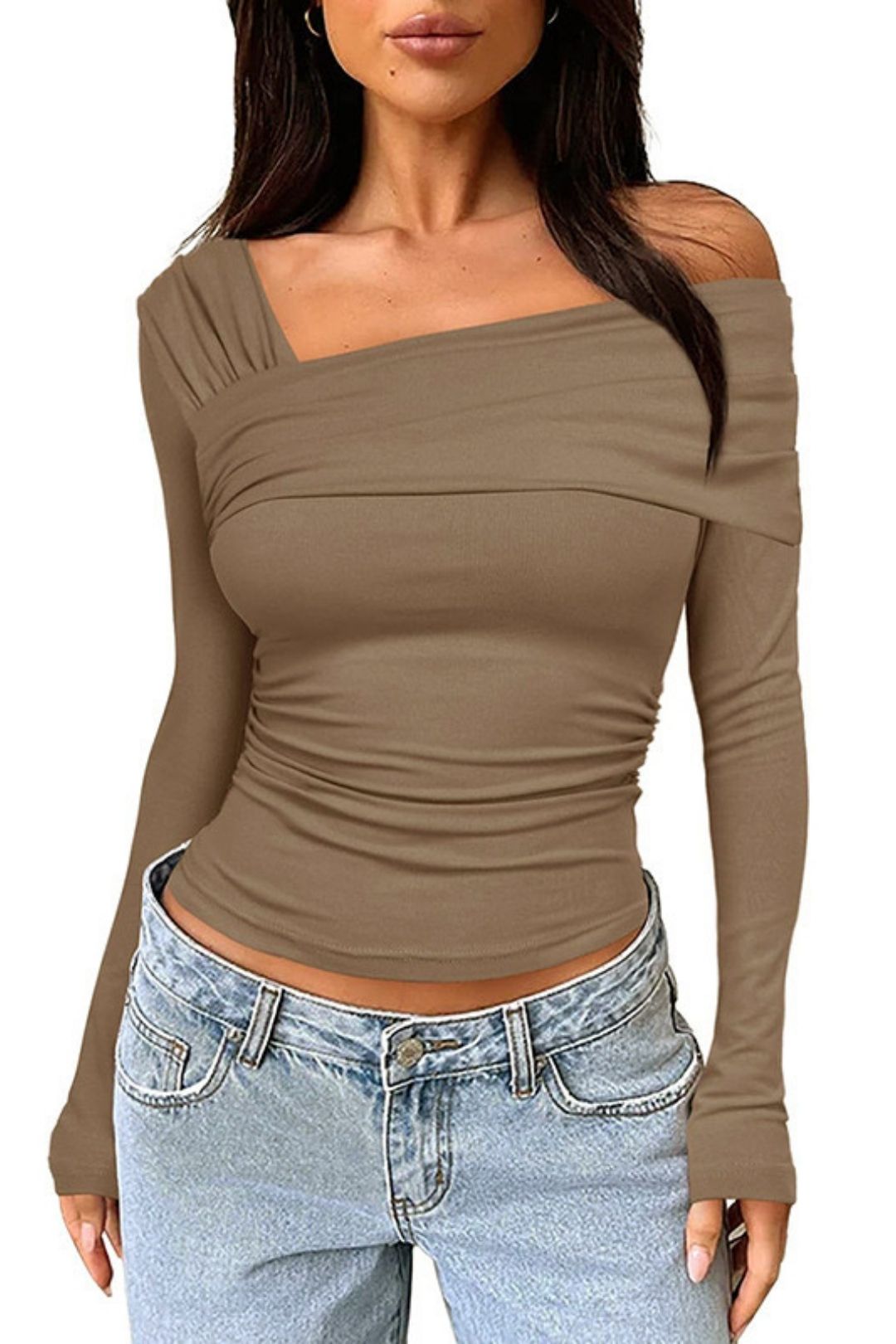 Solid Color One-shoulder Long-sleeved Backless Gathered Top T-shirt