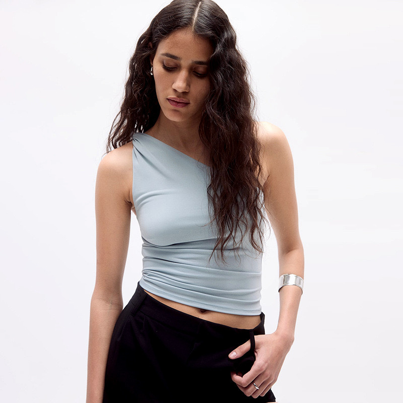 Solid Color Sleeveless Slope Collar Tie Sexy One-shoulder Top