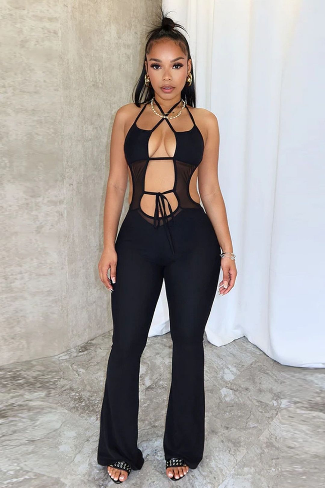Sleeveless Lace-up Backless Micro-flare Sexy Wide-leg Jumpsuit