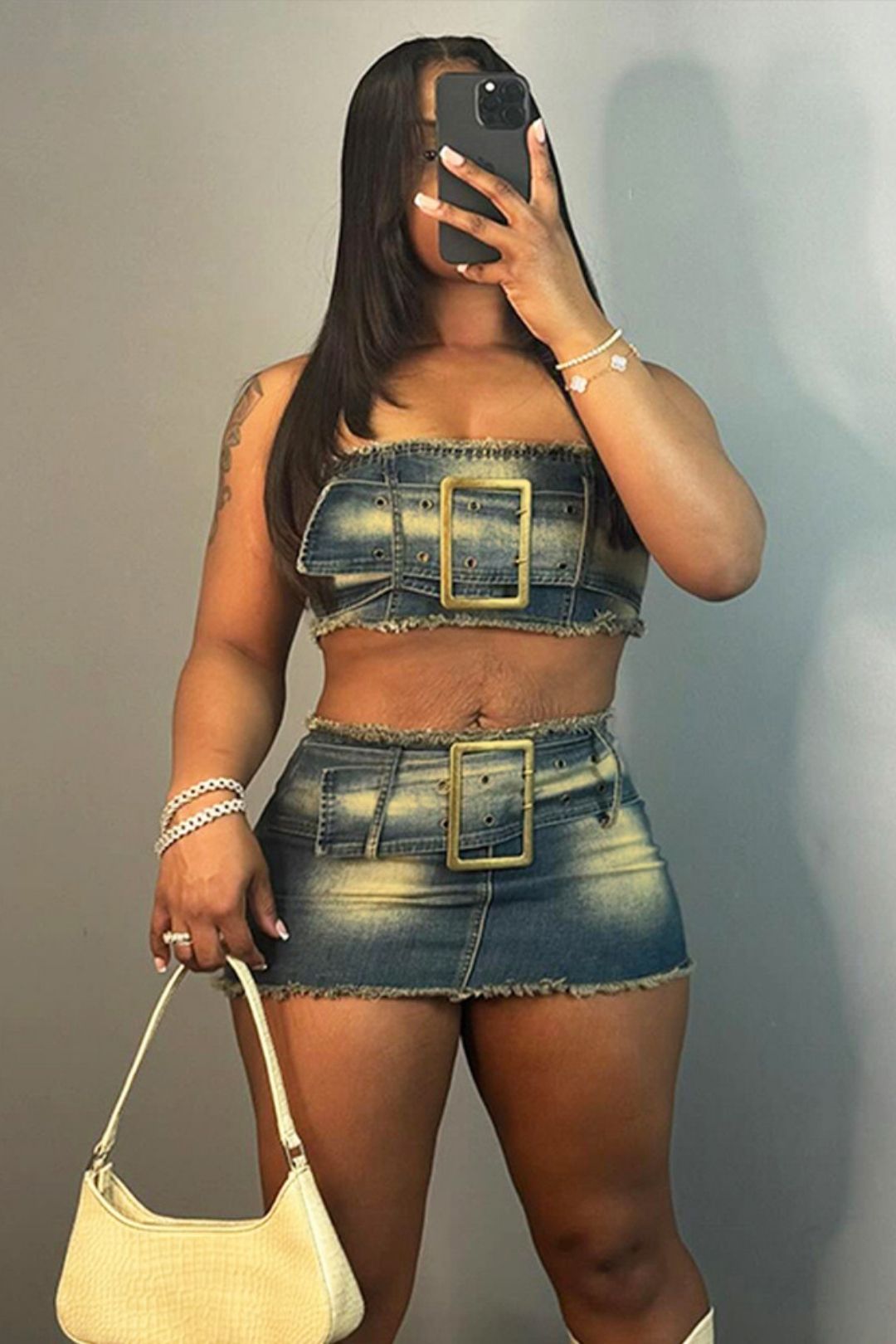 Contrast Color Belt Tassel Wrapped Chest Sexy Hot Girl Skirt Suit