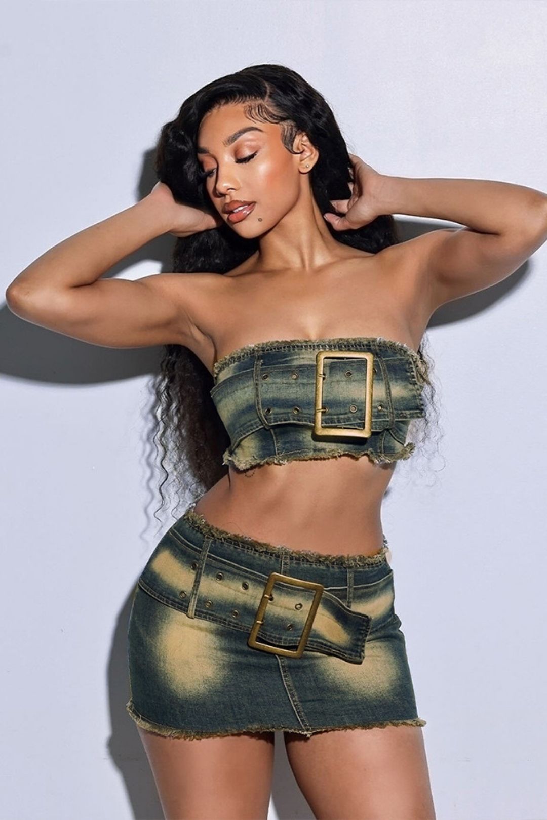 Contrast Color Belt Tassel Wrapped Chest Sexy Hot Girl Skirt Suit