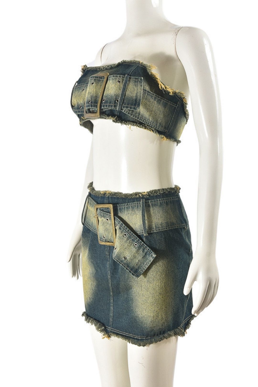 Contrast Color Belt Tassel Wrapped Chest Sexy Hot Girl Skirt Suit